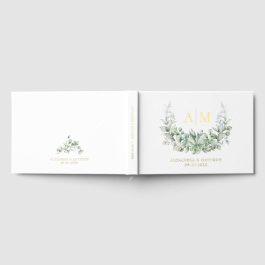 Elegant Greenery Monogram Wedding Gold Foil Gästebuch (Voll)