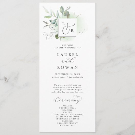 Elegant Greenery Monogram Wedding Program Programm (Vorderseite)