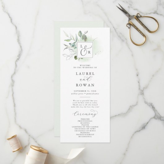 Elegant Greenery Monogram Wedding Program Programm (Vorderseite/Rückseite Beispiel)