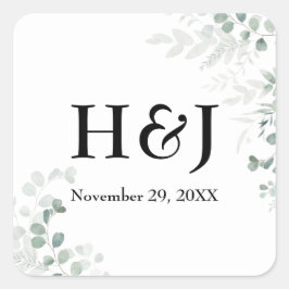 Elegant Greenery Monogramme und Datum Quadratischer Aufkleber