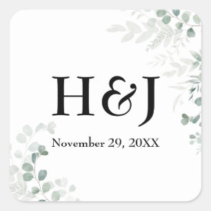 Elegant Greenery Monogramme und Datum Quadratischer Aufkleber