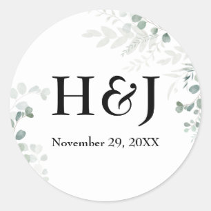 Elegant Greenery Monogramme und Datum Runder Aufkleber