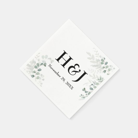 Elegant Greenery Monogramme und Datum Serviette (Ecke)