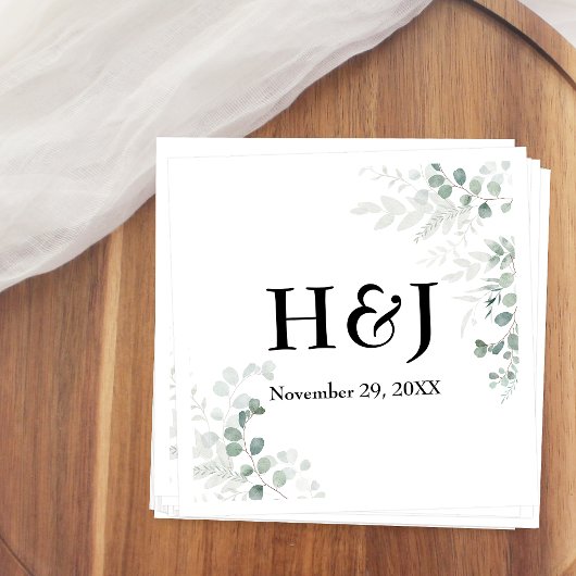 Elegant Greenery Monogramme und Datum Serviette