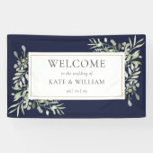 Elegant Greenery Navy Blue Wedding Willkommen Banner (Horizontal)