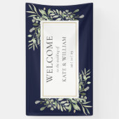 Elegant Greenery Navy Blue Wedding Willkommen Banner (Vertikal)