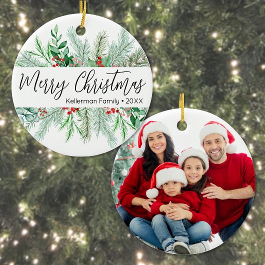 Elegant Greenery Photo Christmas Keramik Ornament