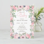 Elegant Greenery Pink Floral Baby Dusche Einladung (Stehend Vorderseite)