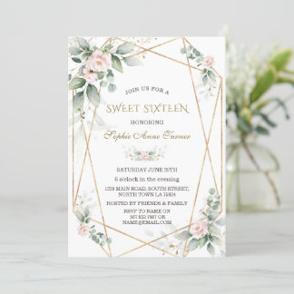 Elegant Greenery Pink Floral Gold 16 . Geburtstag Einladung