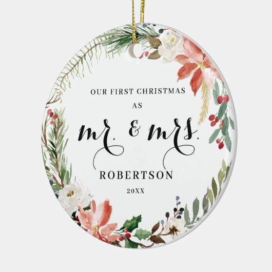 Elegant Greenery Poinsettia Weihnachten Keramik Ornament (Links)