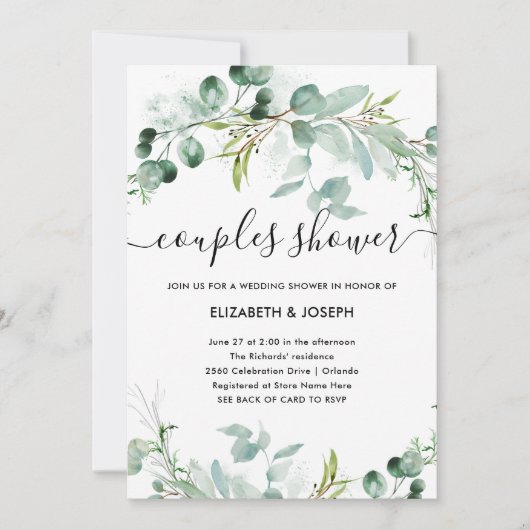 Elegant Greenery | QR Code Couples Dusche Einladung (Vorderseite)