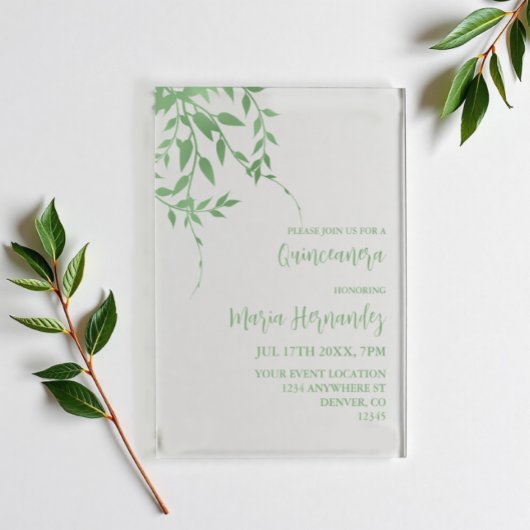 Elegant Greenery Quinceañera Acryleinladungen