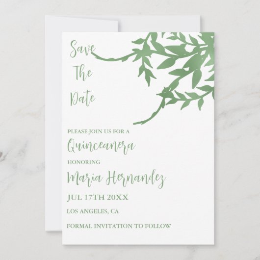 Elegant Greenery Quinceañera Save The Date (Vorderseite)