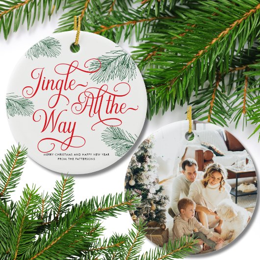 Elegant Greenery Red Calligraphy Christmas Keramik Ornament