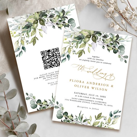Elegant Greenery Rustic Botanical QR Code Wedding Einladung