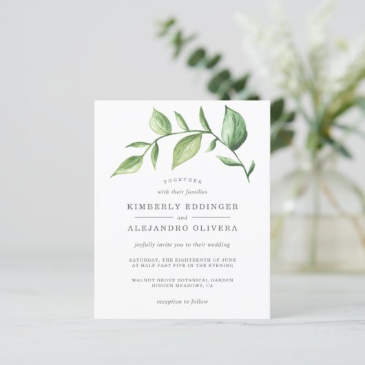 Elegant Greenery Rustic Budget Einladung Hochzeit (Stehend Vorderseite)