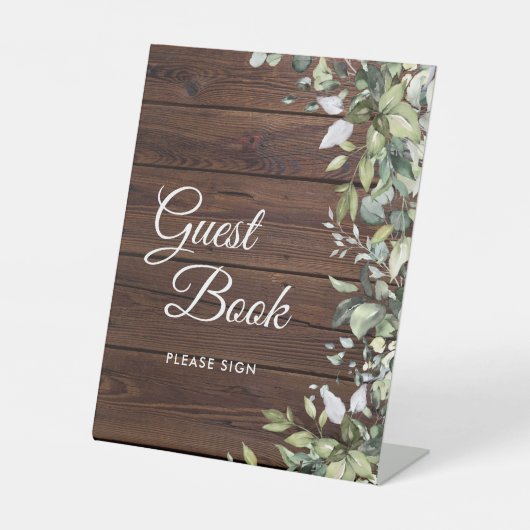 Elegant Greenery Rustic Wood Guest Book Sign Sockelschild (Vorderseite)