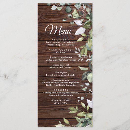 Elegant Greenery Rustic Wood Wedding Menu Menükarte (Vorderseite)