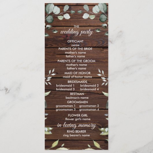 Elegant Greenery Rustic Wood Wedding Programs Programm (Rückseite)