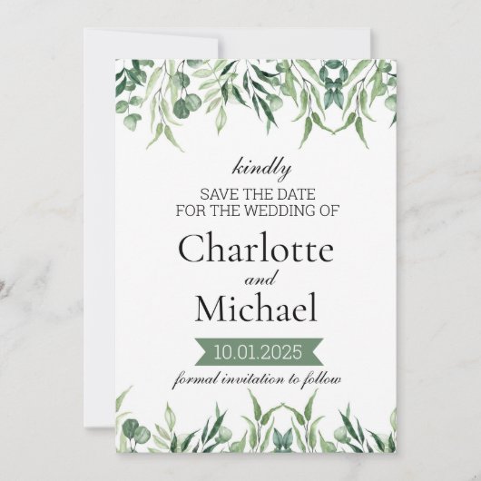 Elegant Greenery Save the Date Template Einladung (Vorderseite)