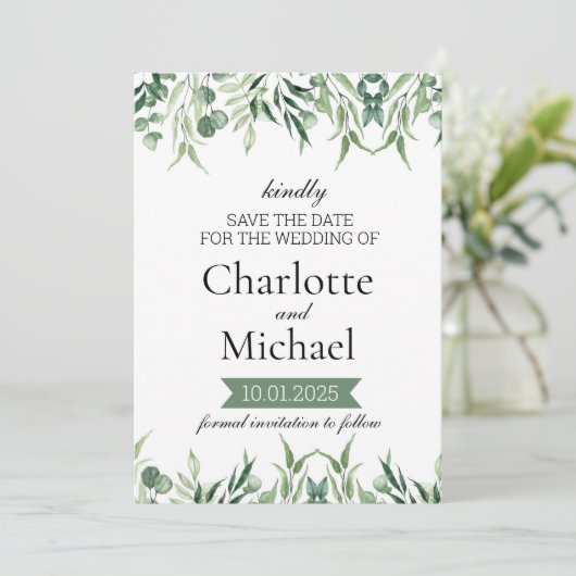 Elegant Greenery Save the Date Template Einladung (Stehend Vorderseite)