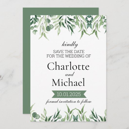 Elegant Greenery Save the Date Template Einladung (Vorne/Hinten)