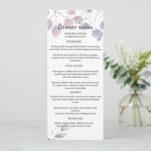 Elegant Greenery Simple Wedding Menu Einladung (Stehend Vorderseite)