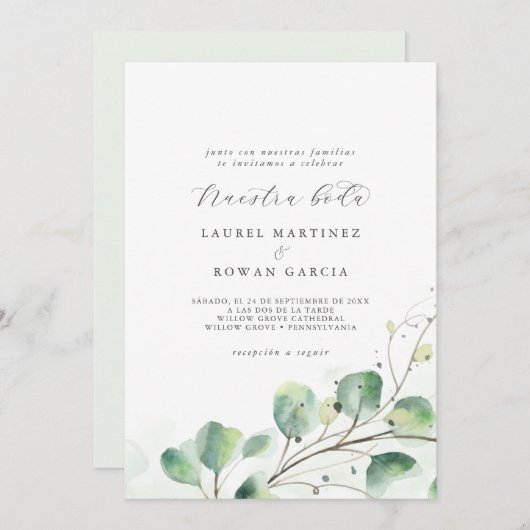 Elegant Greenery Spanish Nuestra Boda Wedding Einladung (Vorne/Hinten)