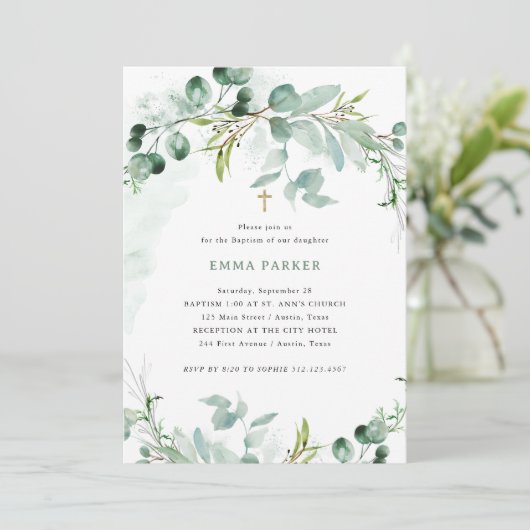 Elegant Greenery | Taufe Einladung (Stehend Vorderseite)