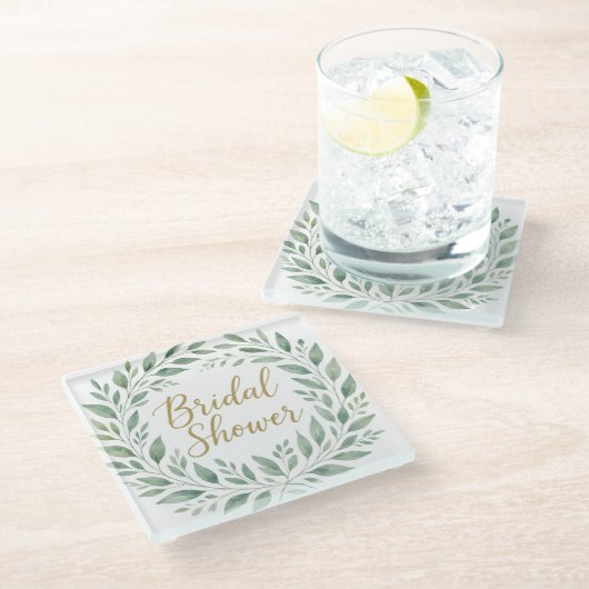 Elegant Greenery Watercolor Boho Bridal Shower Glasuntersetzer (Schrägansicht)