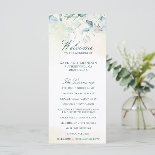 Elegant Greenery Watercolor Eucalyptus Wedding Programm (Stehend Vorderseite)