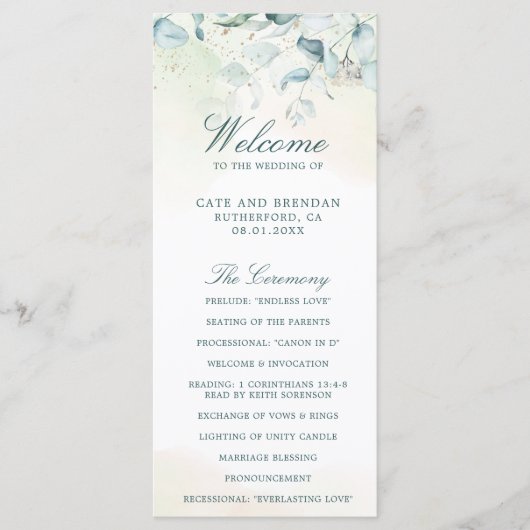 Elegant Greenery Watercolor Eucalyptus Wedding Programm (Vorderseite)