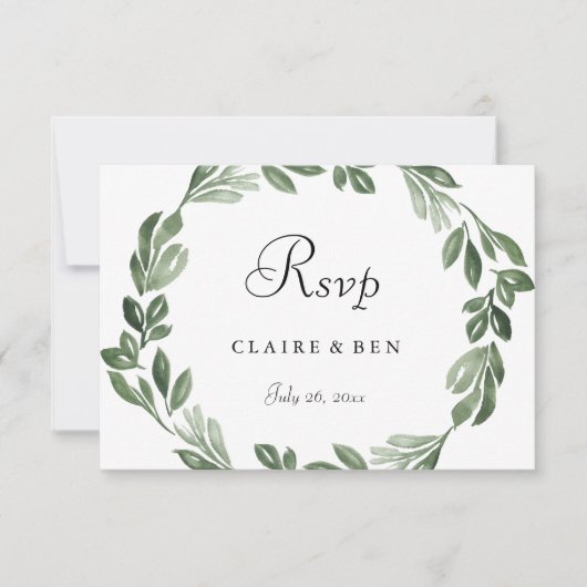 Elegant Greenery Watercolor Wreath Wedding RSVP Karte (Vorderseite)