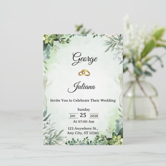 Elegant Greenery Wedding Invitation Einladung (Stehend Vorderseite)