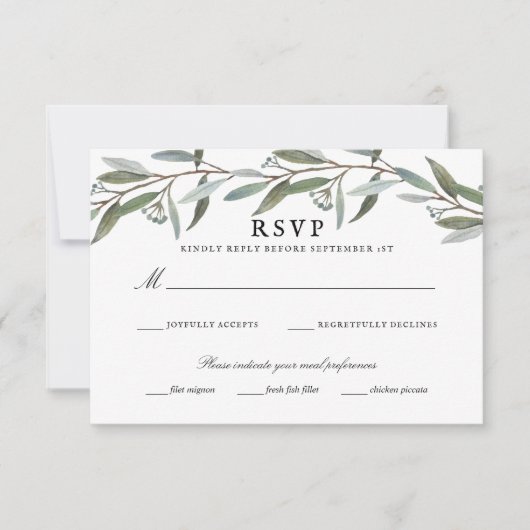 Elegant Greenery Wedding RSVP Karte (Vorderseite)