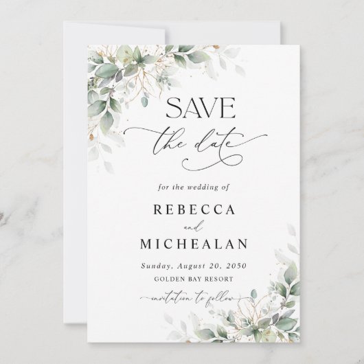 Elegant Greenery Wedding Save The Date Einladung (Vorderseite)