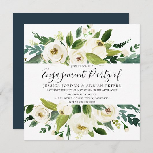 Elegant Greenery White Floral Engagement Party Einladung (Vorne/Hinten)