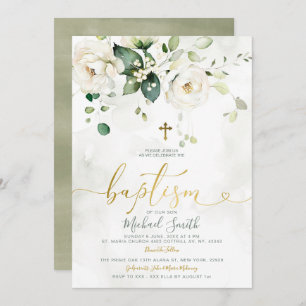 Elegant Greenery White Floral Gold Cross Taufe Einladung