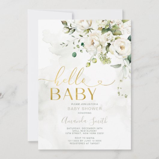 Elegant Greenery White Floral Gold Hello Baby Einladung (Vorderseite)