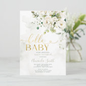 Elegant Greenery White Floral Gold Hello Baby Einladung (Stehend Vorderseite)