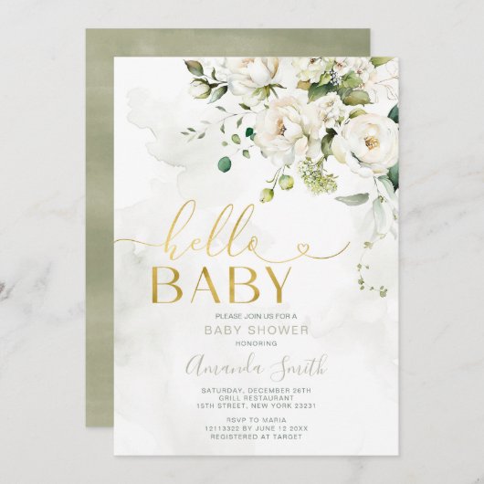 Elegant Greenery White Floral Gold Hello Baby Einladung (Vorne/Hinten)