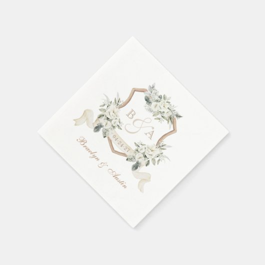 Elegant Greenery White Floral Wappen Hochzeit Serviette (Ecke)