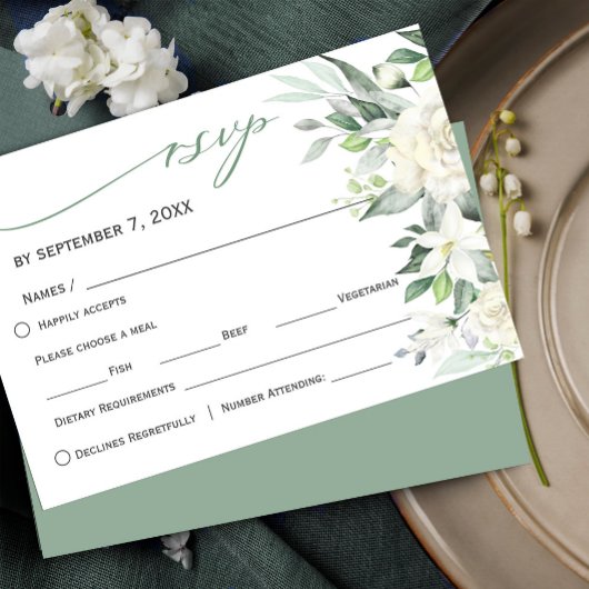 Elegant Greenery White Winter Floral RSVP Karte