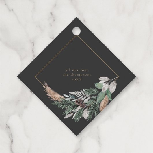 Elegant Greenery Wreath on Black Merry Christmas Geschenkanhänger (Rückseite)