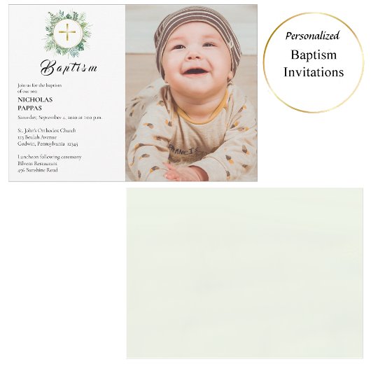 Elegant Greenery Wreath Orthodox Christliche Taufe Einladung