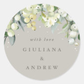 Elegant Greige Snowberry+Eucalyptus Wedding Runder Aufkleber (Vorderseite)