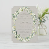Elegant Greige Snowberry+Eucalyptus Winter Wedding Einladung (Stehend Vorderseite)