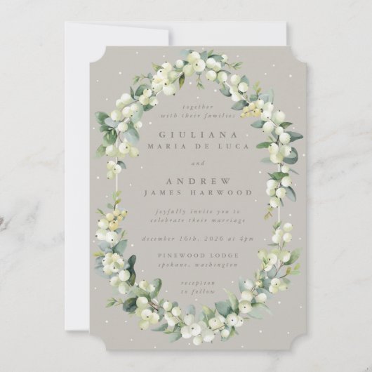 Elegant Greige Snowberry+Eucalyptus Winter Wedding Einladung (Vorderseite)