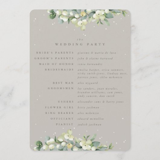 Elegant Greige Snowberry+Eucalyptus Winter Wedding Programm (Rückseite)