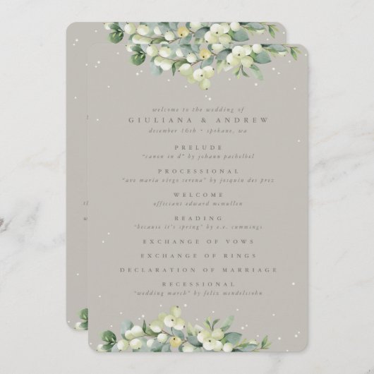 Elegant Greige Snowberry+Eucalyptus Winter Wedding Programm (Vorne/Hinten)
